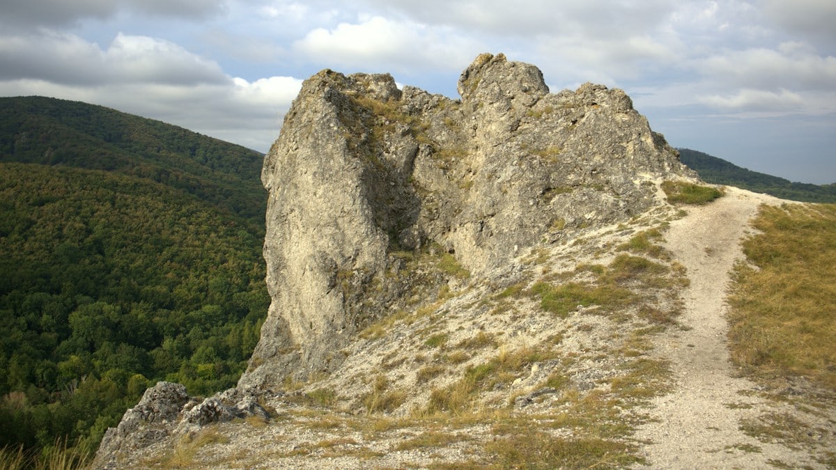 A large limestone rock formation on a grassy ridge above a forested valley